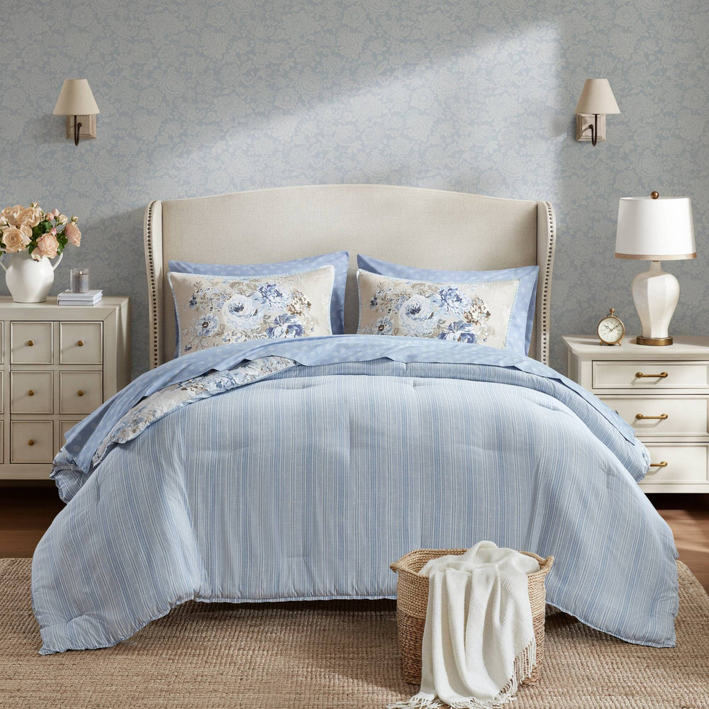 7-Piece Full 7 Piece Vin -inspired Collection floral print,Beige/Blue Media 1