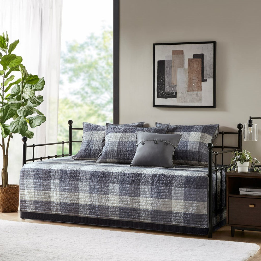 6 Piece Reversible Plaid Daybed Cover Set Grey Daybed Media 1