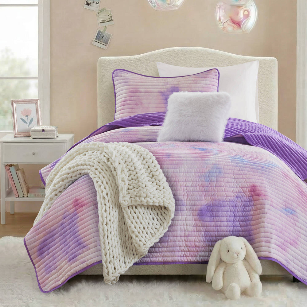 3 Pieces Twin/Twin XL Watercolor Tie Dye Printed Quilt Set with Throw Pillow,Purple Media 3