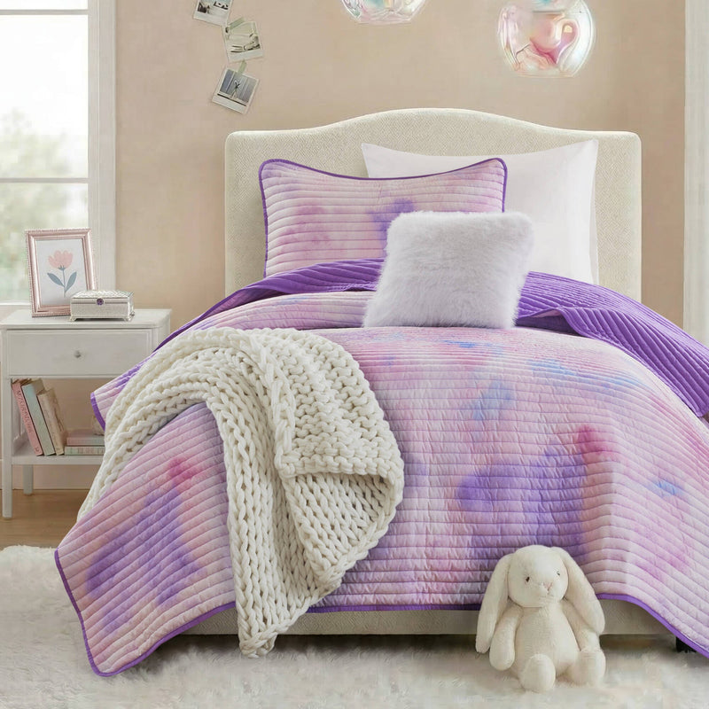 3 Pieces Twin/Twin XL Watercolor Tie Dye Printed Quilt Set with Throw Pillow,Purple
