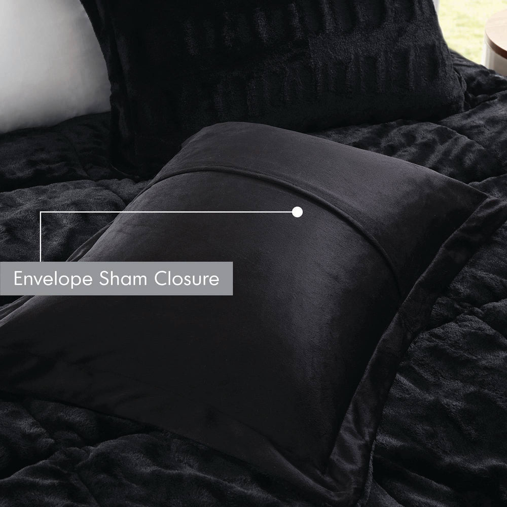 3 PCS Full/Queen Solid Faux Fur Comforter Mini Set Black Media 9
