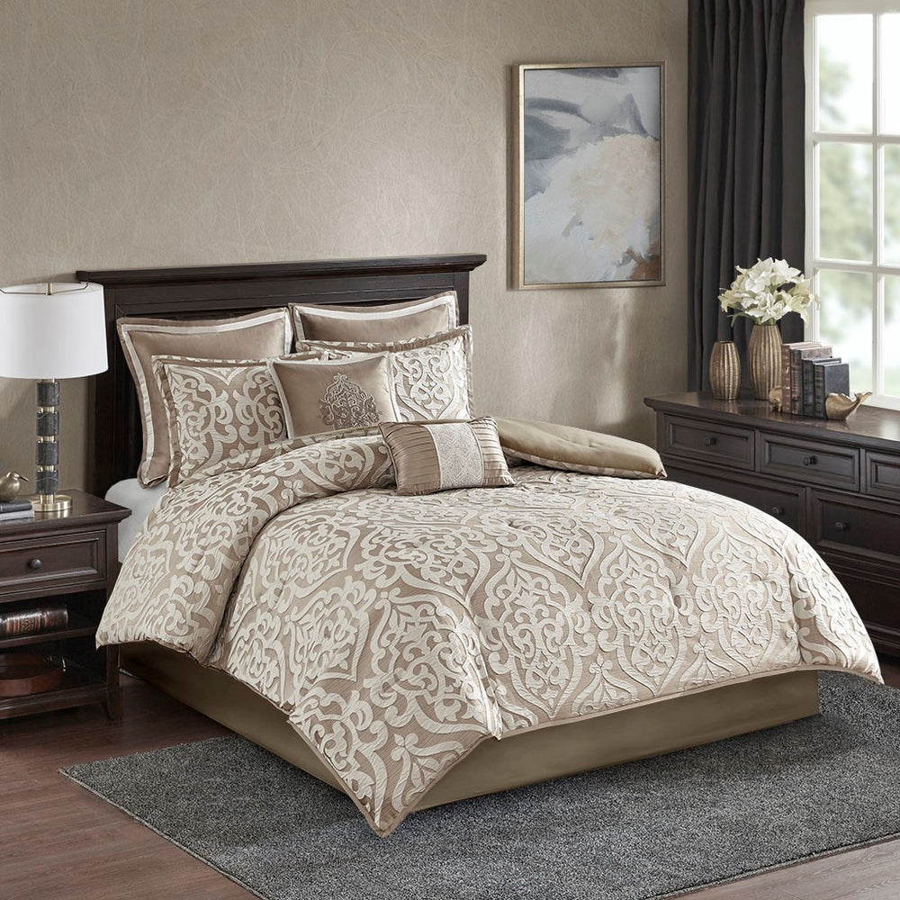8 Piece Jacquard Comforter Set Tan/Ivory Cal King Media 1