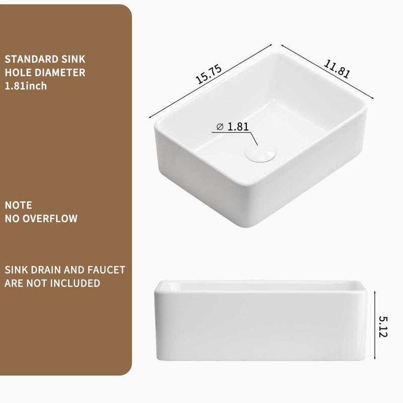 Rectangular Vessel Sink, 16'X12' Small Bowl Bathroom Vessel Sink, White Ceramic Lavatory Above Counter Art Basin Vanity Sink