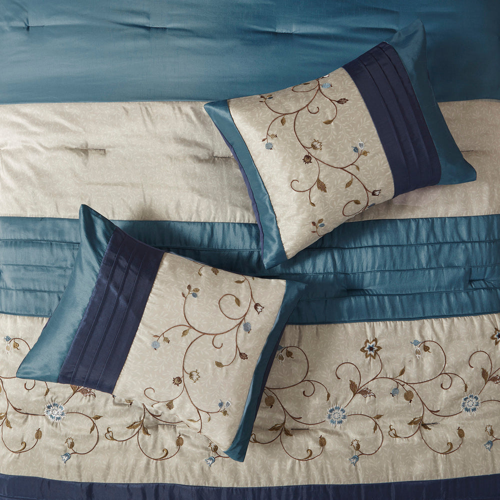 Embroidered 7 Piece Comforter Set Navy Queen Media 2