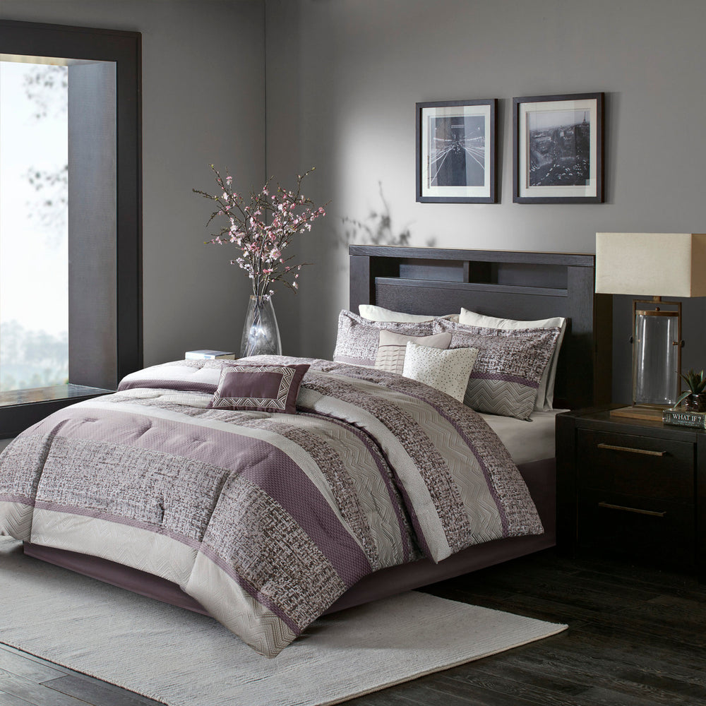 7 Piece Jacquard Comforter Set Purple Queen Media 1