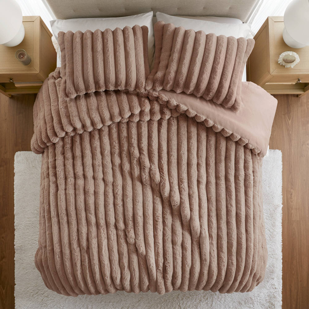 3 Pieces Full/Queen Ultrasoft Faux Fur Ribbed Comforter Set,Mocha Media 12