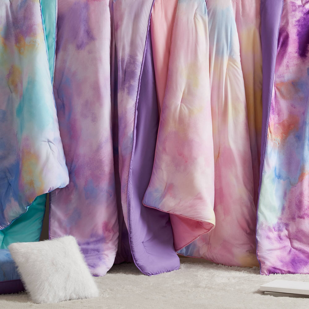 4 Pieces Full/Queen Watercolor Tie Dye Printed Comforter Set with Throw Pillow,Purple Media 7
