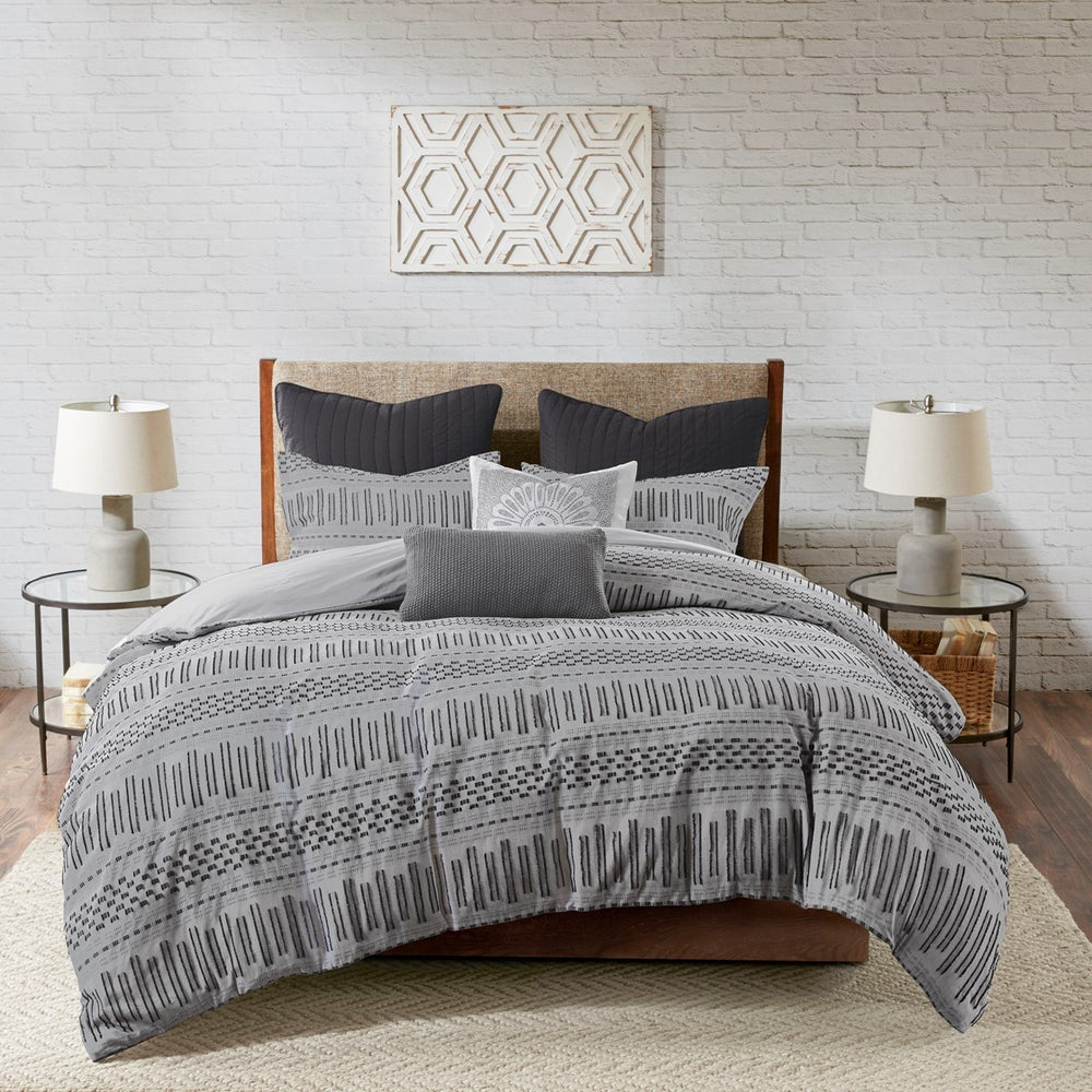 Cotton Jacquard Comforter Mini Set Grey/Black King/Cal King Media 1