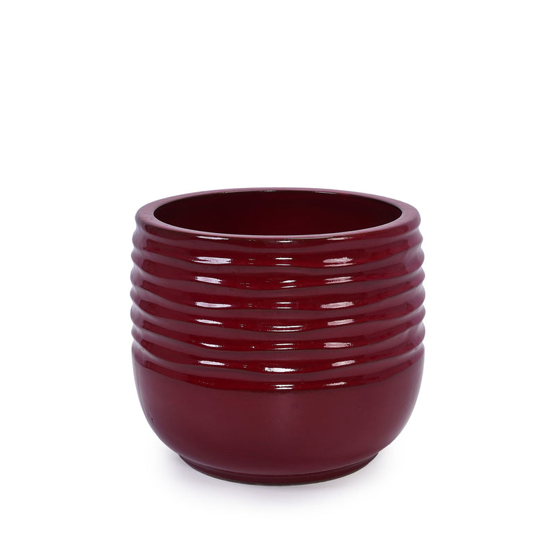 Handmade Glazed Ceramic Planter Set of 3, 15/11/8 Inch Diameter, Horizontal Groove Pattern, for Succulents & Flowering Plants Outdoor Garden & Indoor Staircase Bookshelf Use, Breathable Clay, Deep Red