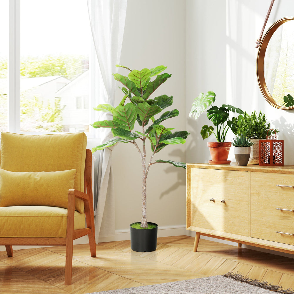 HOMCOM Fake Plant, Artificial Fiddle Leaf Fig Tree, Potted Plant with 28 PEVA Leaves and Flocked Soil, Green Media 9