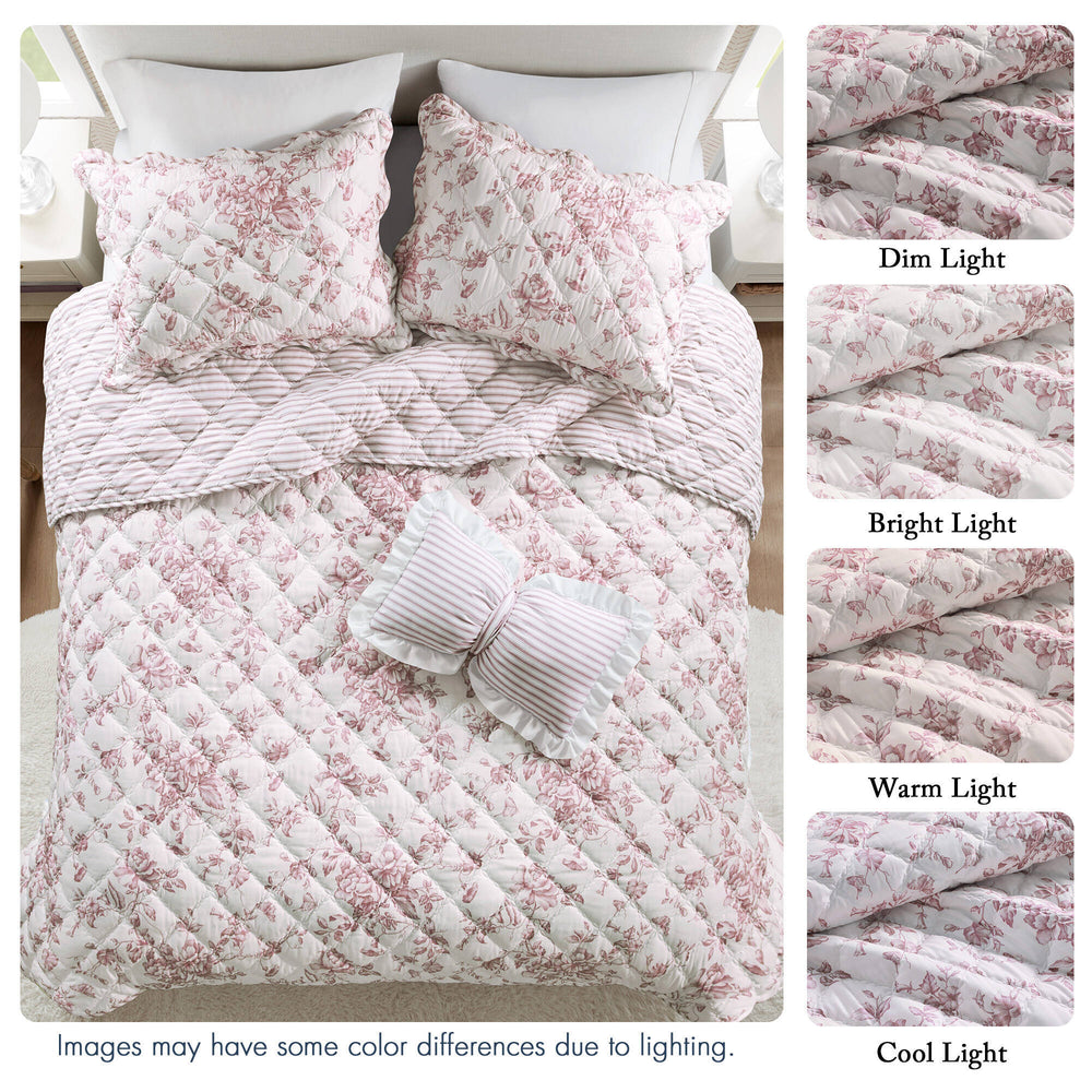 4 Pieces Full/Queen  Quilt Set with Decorative Pillow,Pink Media 4