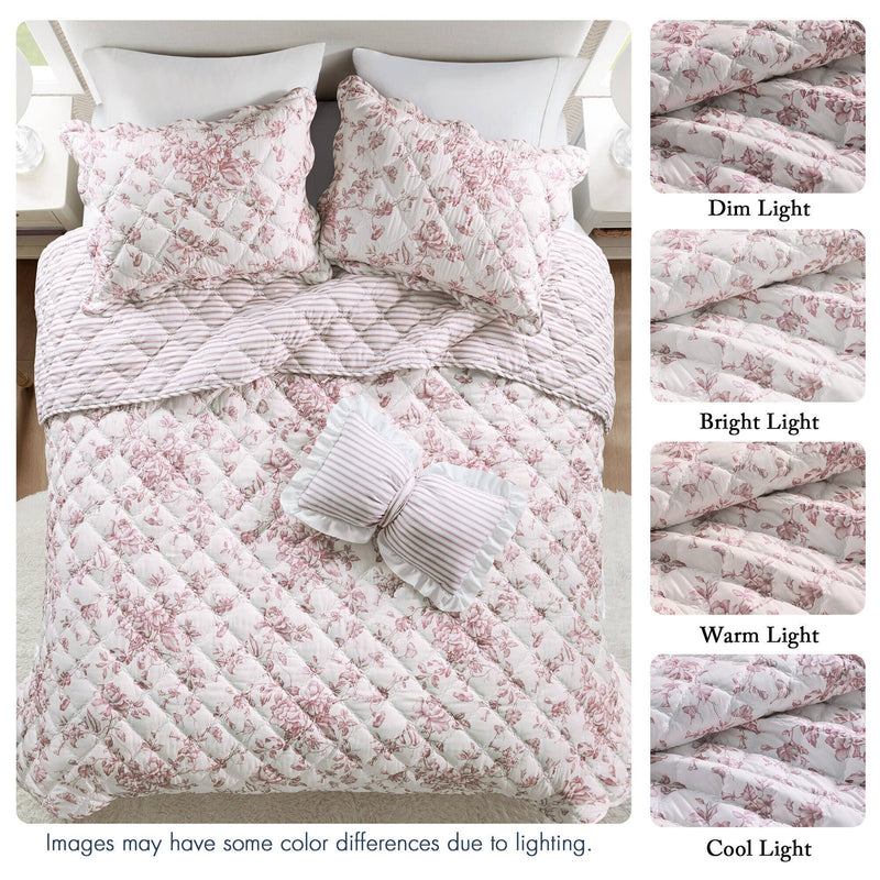 4 Pieces Full/Queen  Quilt Set with Decorative Pillow,Pink