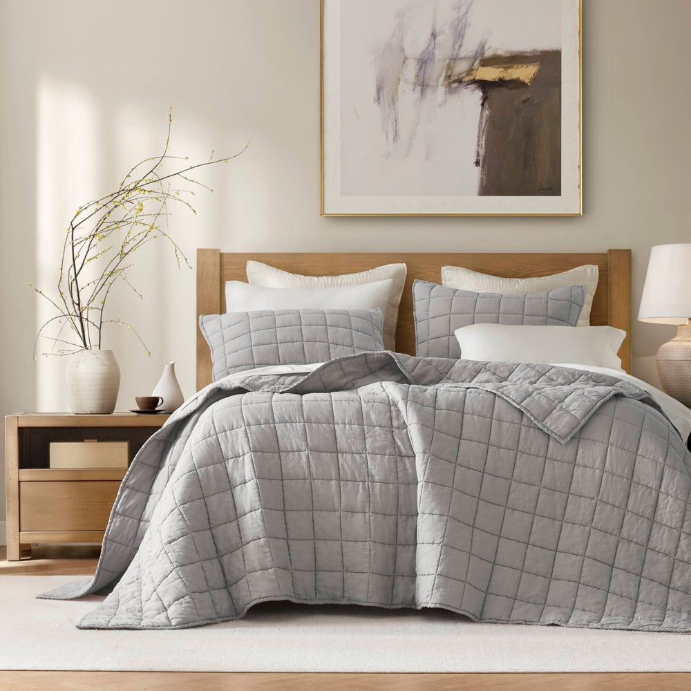 3-Piece King/Cal King Linen Garment Washed Quilt Set,Gray Media 1