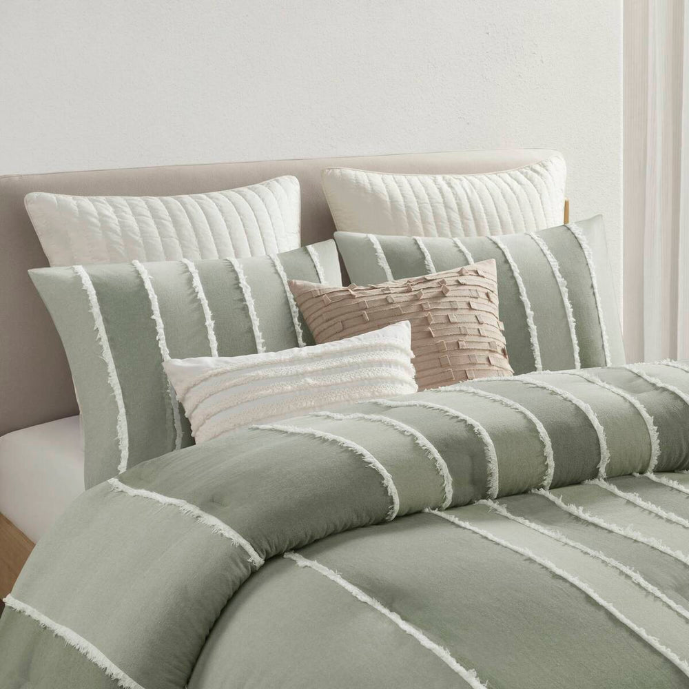 3 Piece Striped Cotton Comforter Set Sage King/Cal King Media 14