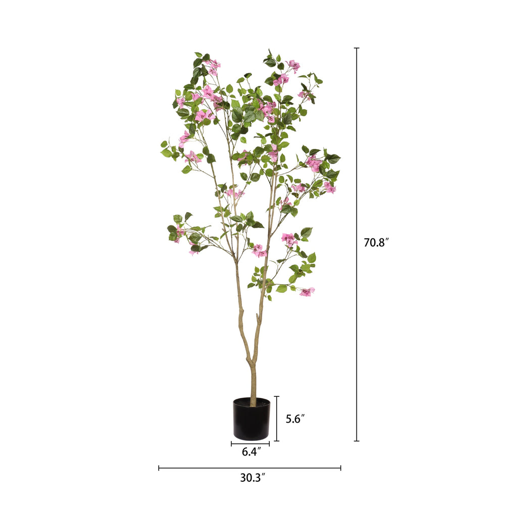 Artificial Bougainvillea Tree with Black Plastic Pot, Realistic Faux Flowering Plant in Green Leaves and Pink Blooms, 72-Inch Indoor Decor for Home Office Media 3
