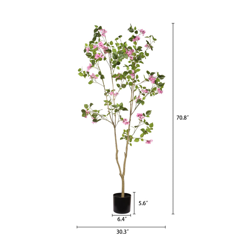 Artificial Bougainvillea Tree with Black Plastic Pot, Realistic Faux Flowering Plant in Green Leaves and Pink Blooms, 72-Inch Indoor Decor for Home Office