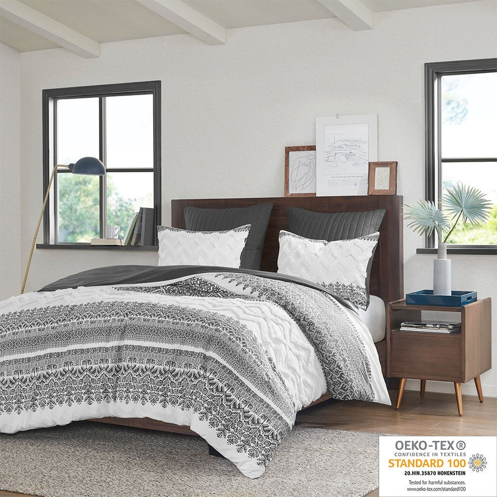 3 Piece Cotton Comforter Set with Chenille Tufting Gray Full/Queen Media 2