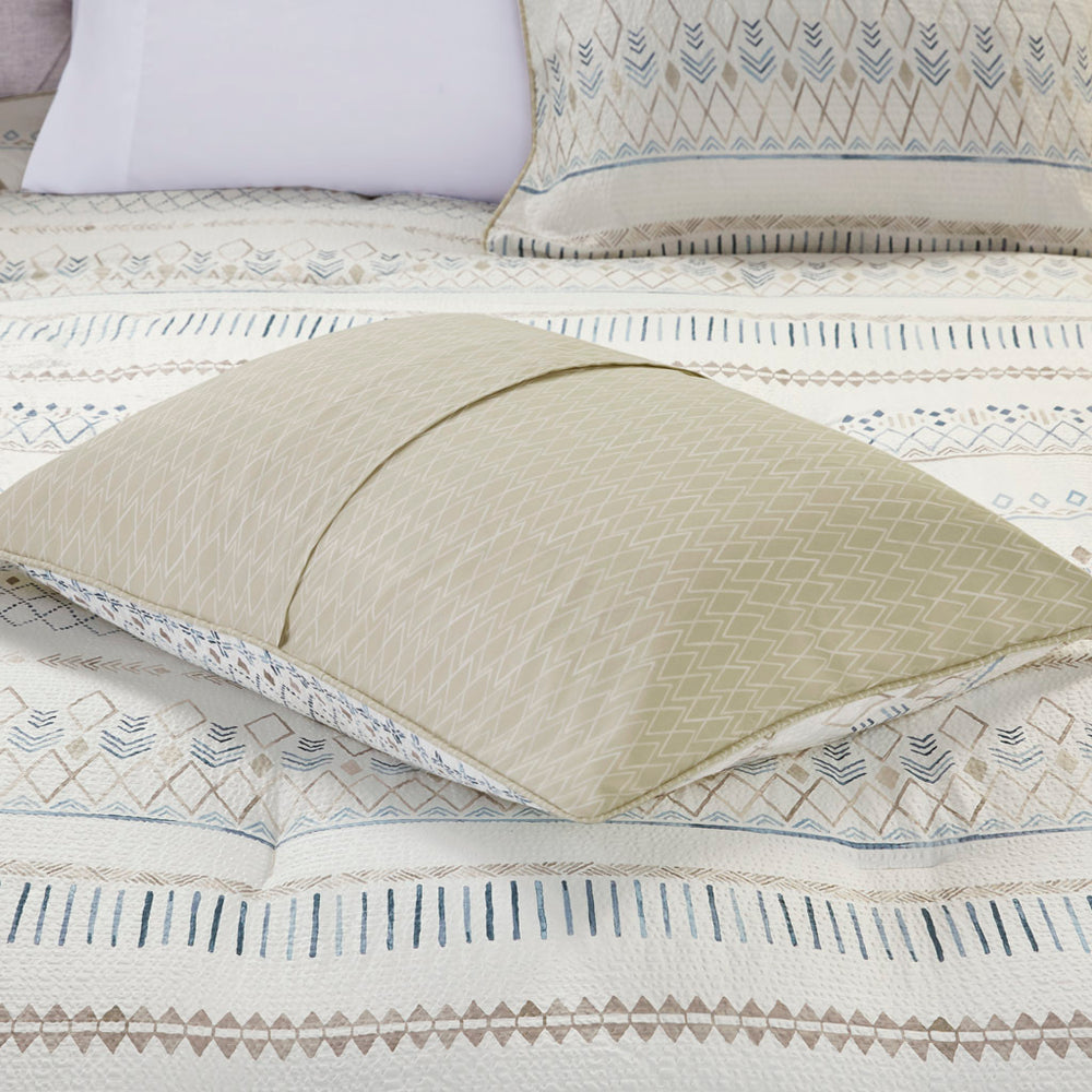 5 Piece Printed Seersucker Comforter Set with Throw Pillows Taupe/Blue Full/Queen Media 9