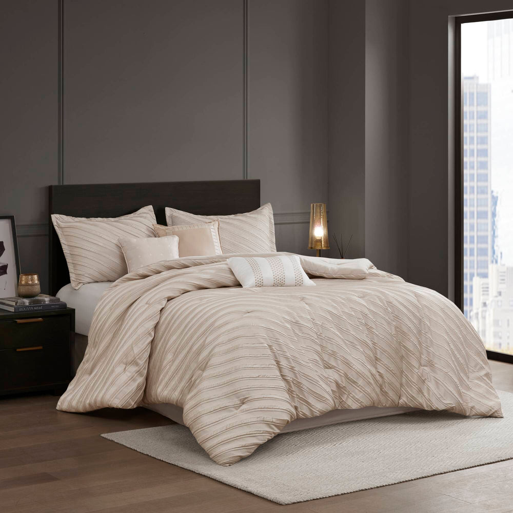 7 PCS Queen Comforter Set Beige Media 1