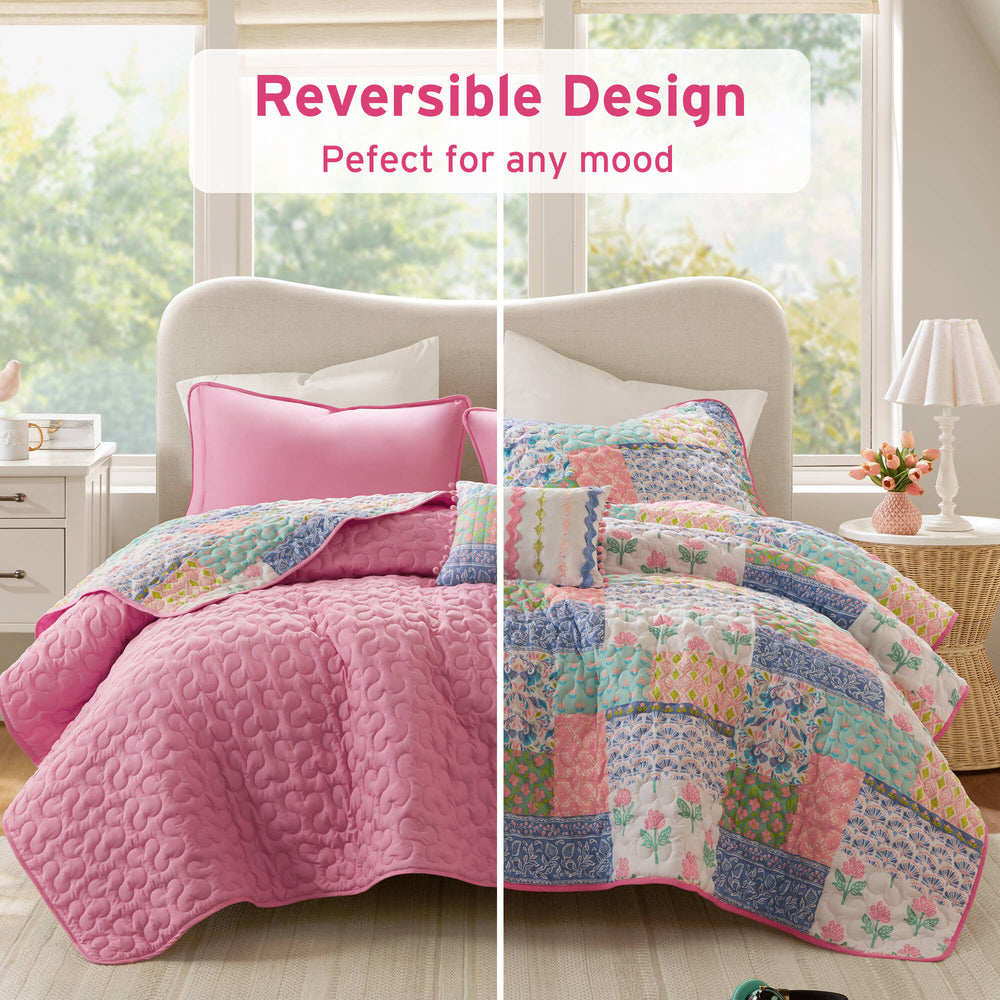 4-Piece Full/Queen 4pcs Quilt Set,Pink Media 4