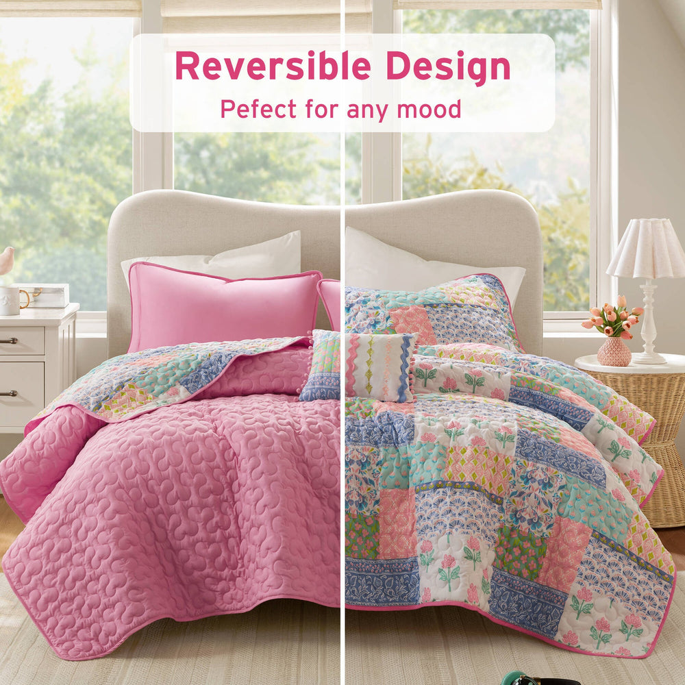 4-Piece Full/Queen 4pcs Quilt Set,Pink Media 4