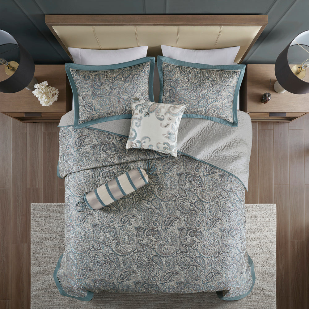 5 Piece Jacquard Bedspread Set with Throw Pillows Teal Queen Media 15