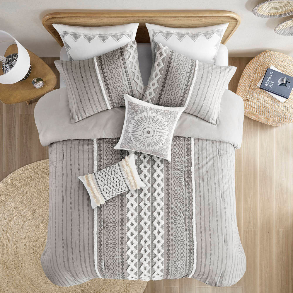 Cotton Printed Comforter Set with Chenille Gray King/Cal King Media 7
