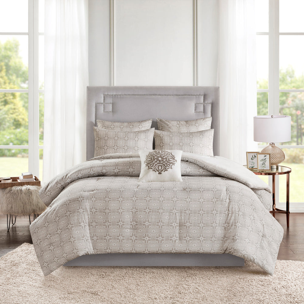6 Piece Embroidered Cotton Reversible Comforter Set Ivory Full/Queen Media 5