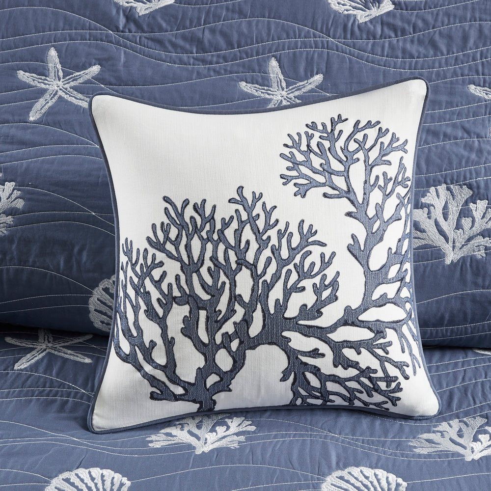 4 Piece Cotton Reversible Embroidered Quilt Set with Throw Pillow Navy King/Cal King Media 8