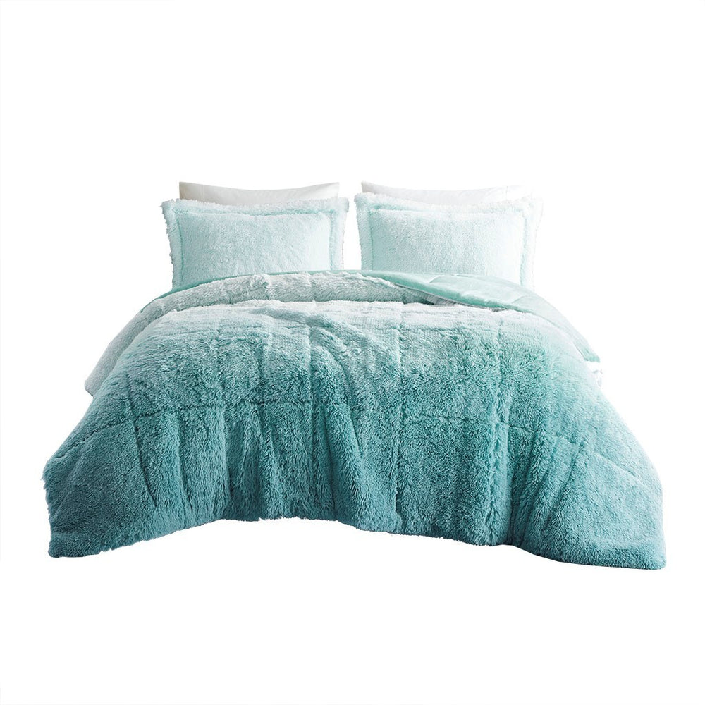Full/Queen Ombre Shaggy Long Fur Comforter Mini Set Media 4