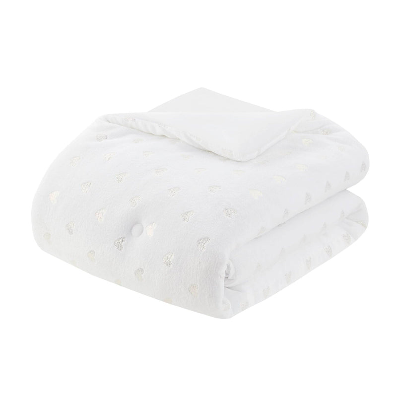 4 PCS Full/Queen Metallic Printed Plush Comforter Set with Throw Pillow White/Gold