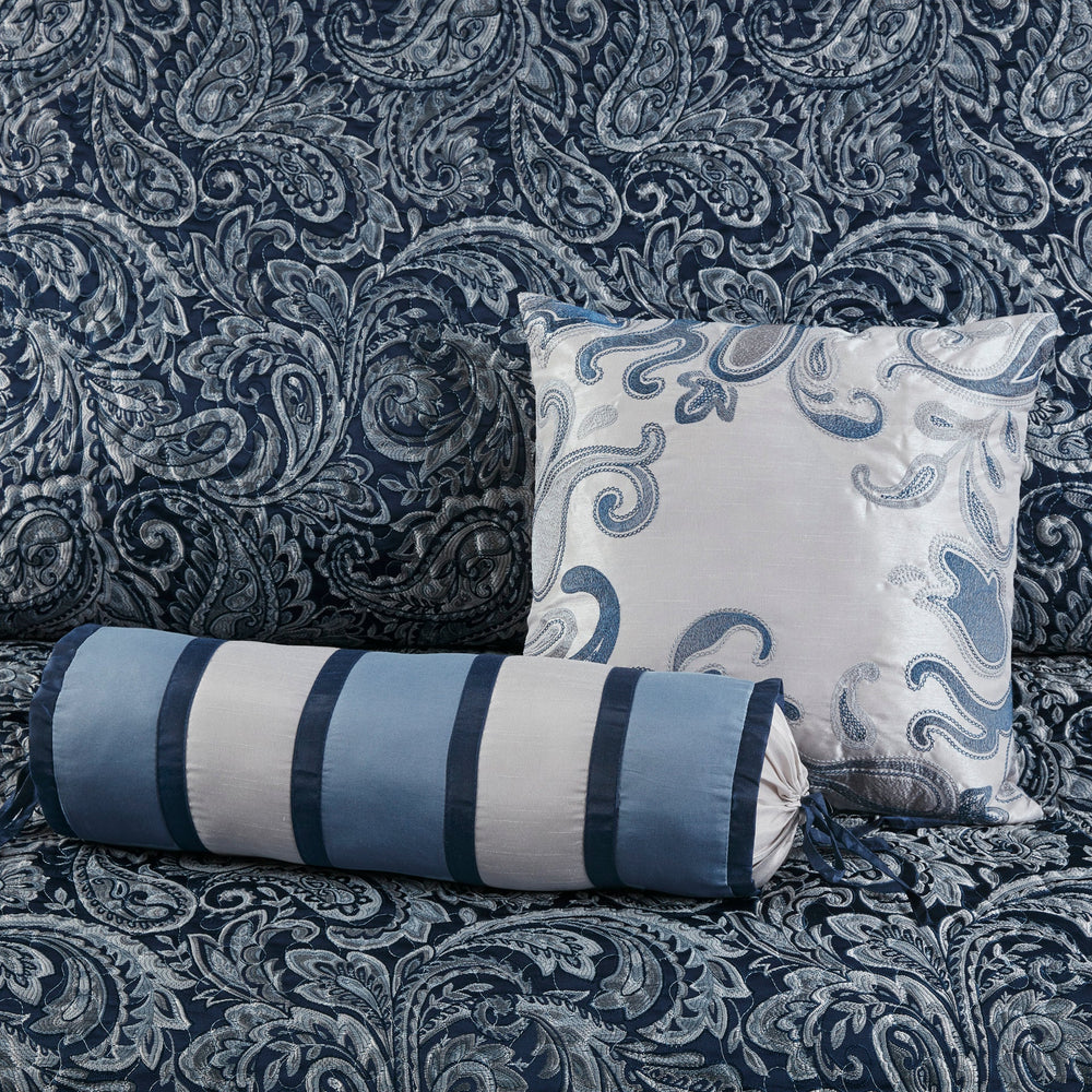 5 Piece Jacquard Bedspread Set with Throw Pillows Navy King Media 5