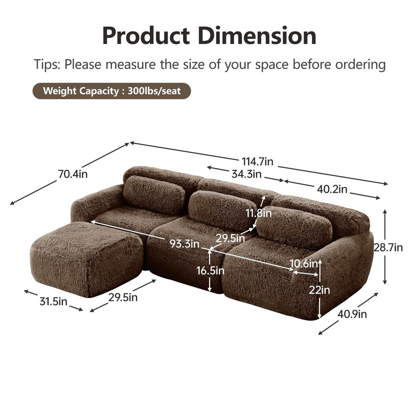 L-Shaped Sofa Plush Fabric With Movable Ottoman & Throw Pillows Chocolate