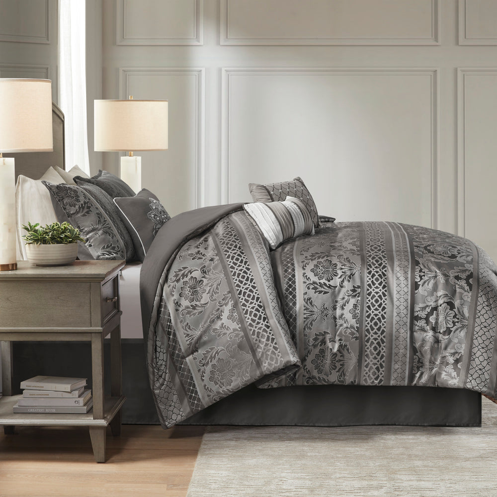 7 Piece Jacquard Comforter Set Grey Queen Media 11