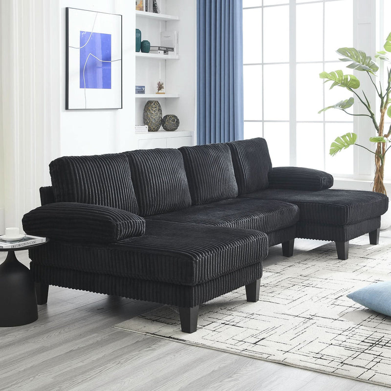 U Shaped Sofa Wood Frame Oversized Four-Seater Living Room Black Upholstery