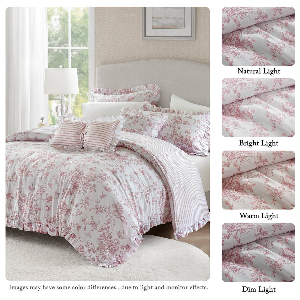 5 Pieces Full/Queen Comforter Set with Decorative Pillows,Pink Media 5