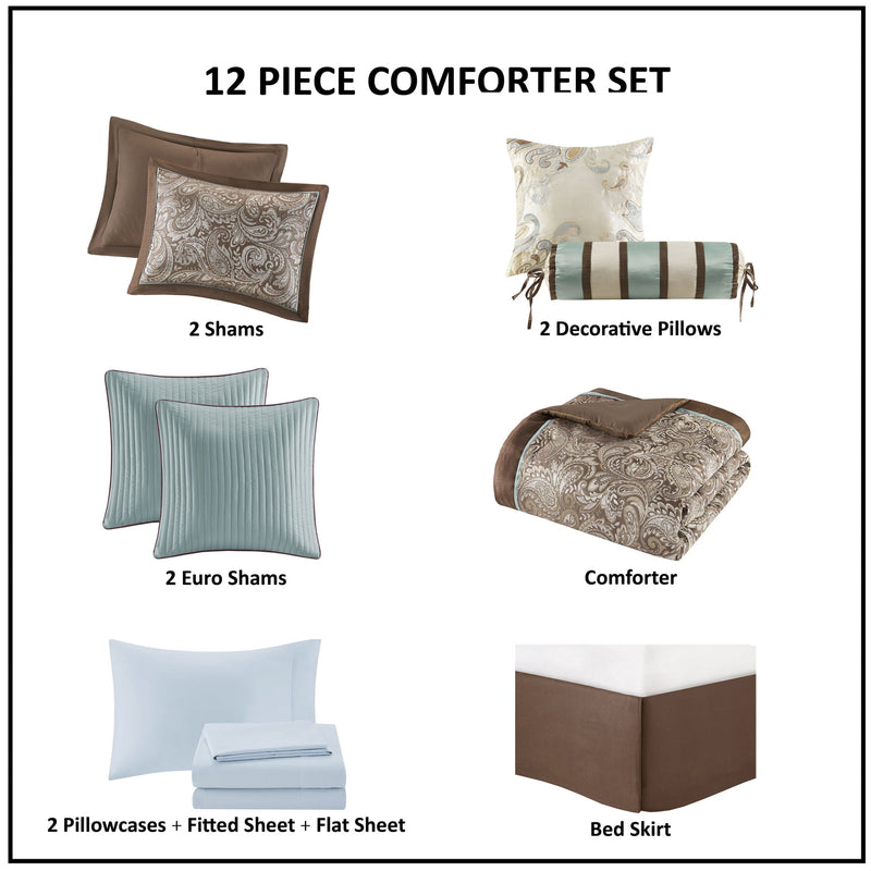 12 Piece Comforter Set with Cotton Bed Sheets Blue/Brown King