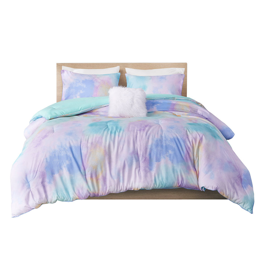 Full/Queen Watercolor Tie Dye Printed Comforter Set with Throw Pillow Media 8