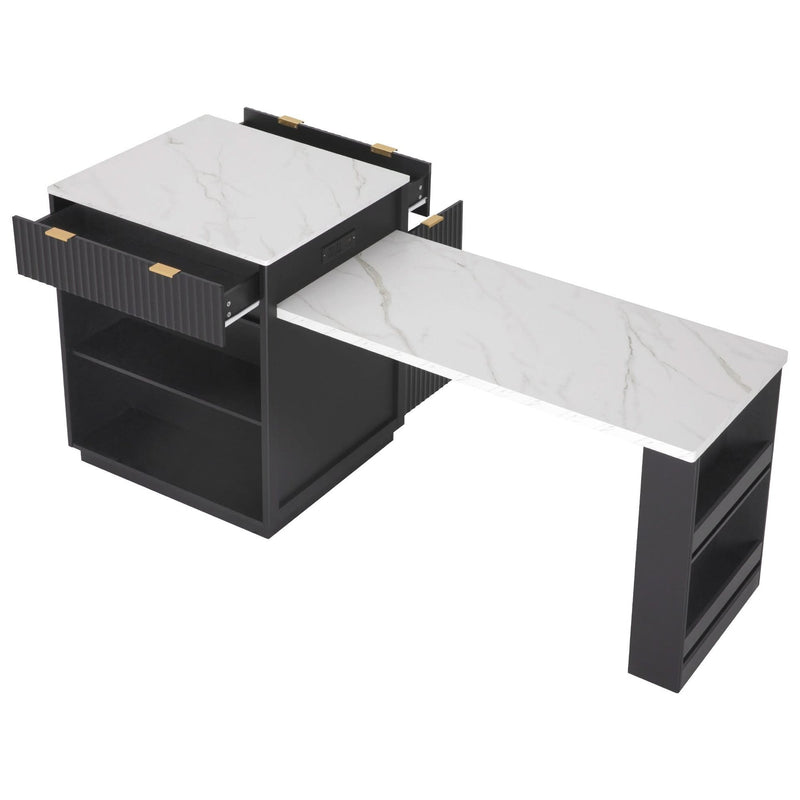 Kitchen Island Modern With Extendable Dining Table & Power Outlet For 4-6 People Black