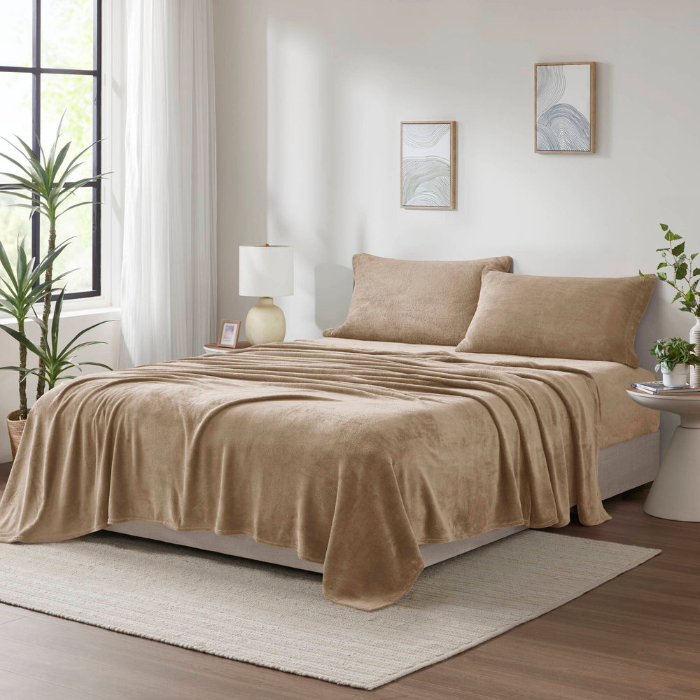 4 PCS King Micro Plush Sheet Set Taupe Media 1