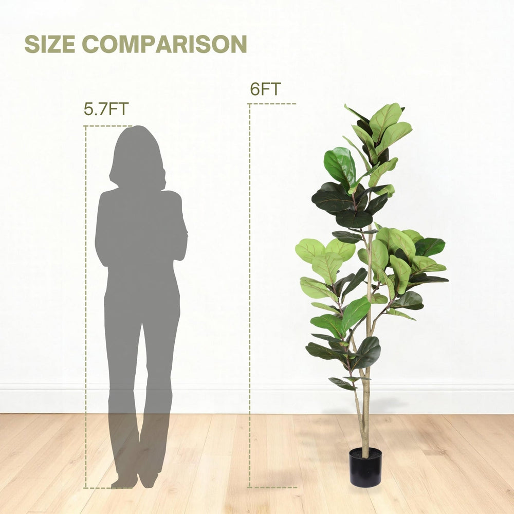 6FT Real Touch Fake Fiddle Leaf Fig Tree in Black Plastic Pot with Green Fabric Leaves, Indoor Decor for Home Office Living Room Corner Media 6