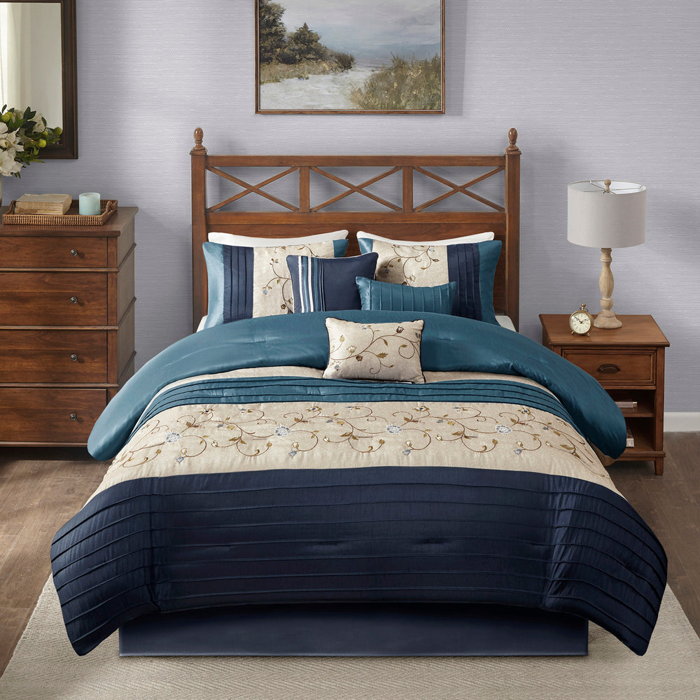 Embroidered 7 Piece Comforter Set Navy King Media 3