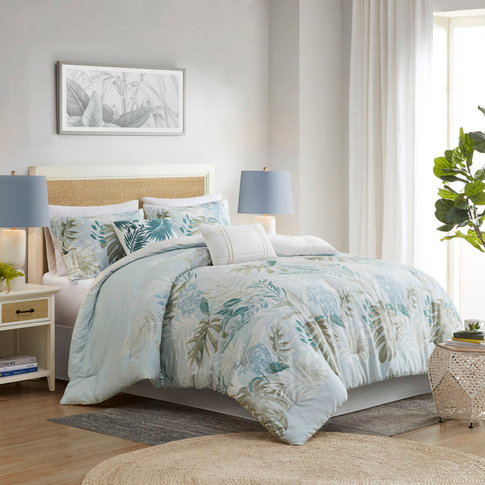 6 Piece Oversized Cotton Comforter Set with Throw Pillow Blue Cal King Media 1