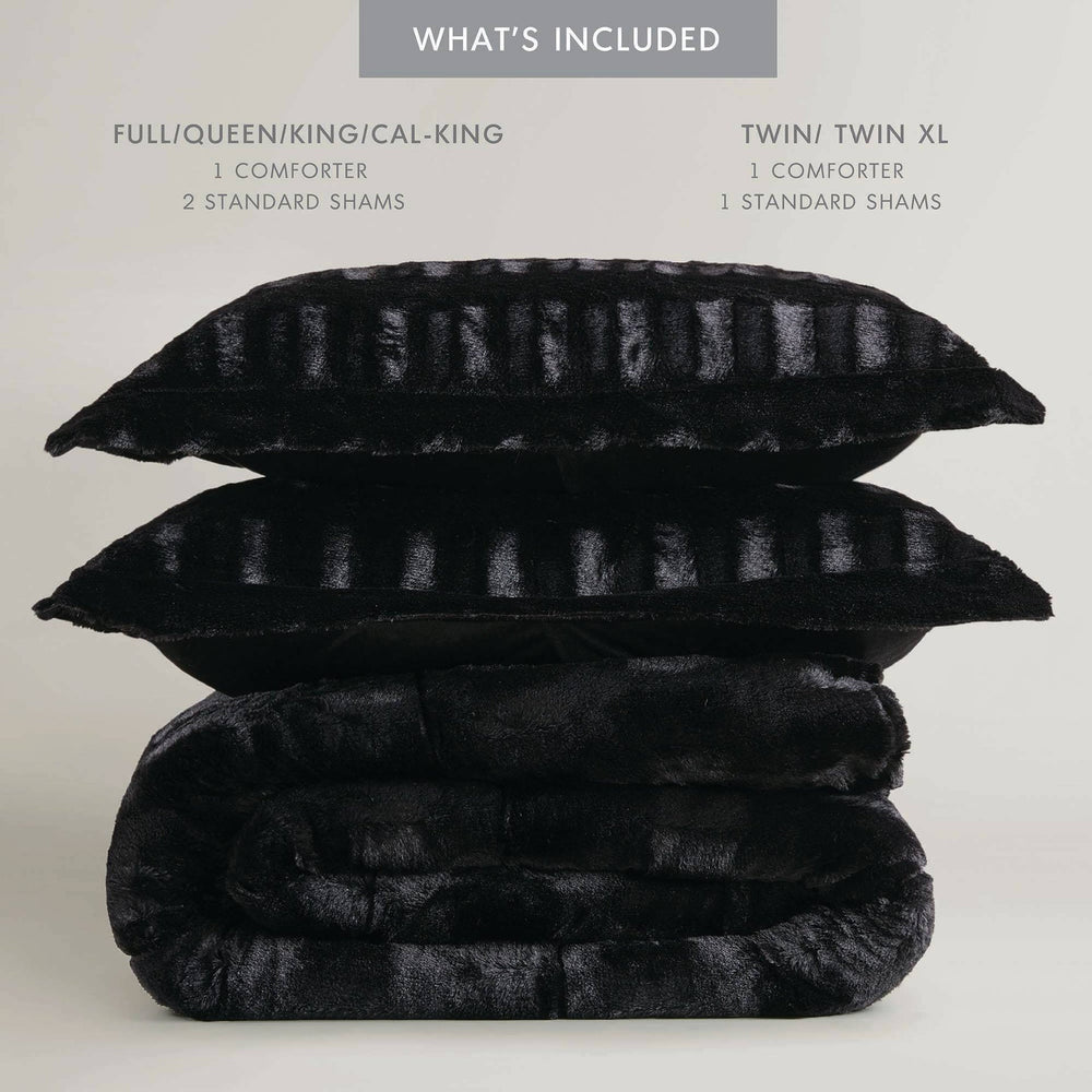 3 PCS Full/Queen Solid Faux Fur Comforter Mini Set Black Media 5