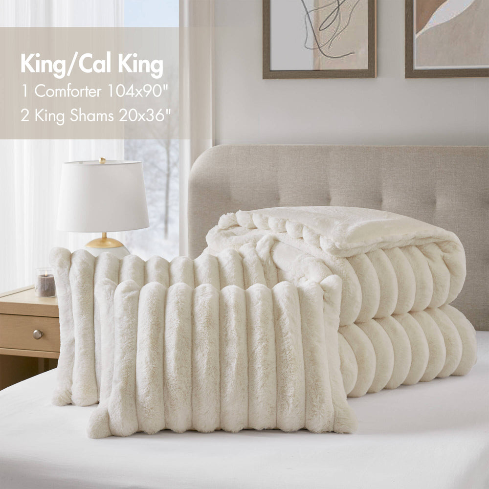 3-Piece King  soft Faux Fur Ribbed Comforter Set,Ivory Media 12