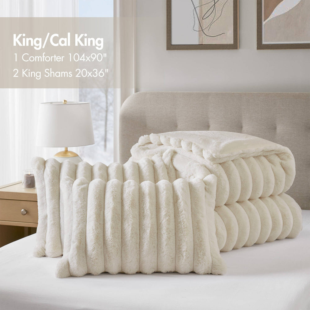 3-Piece Full/Queen  soft Faux Fur Ribbed Comforter Set,Ivory Media 12
