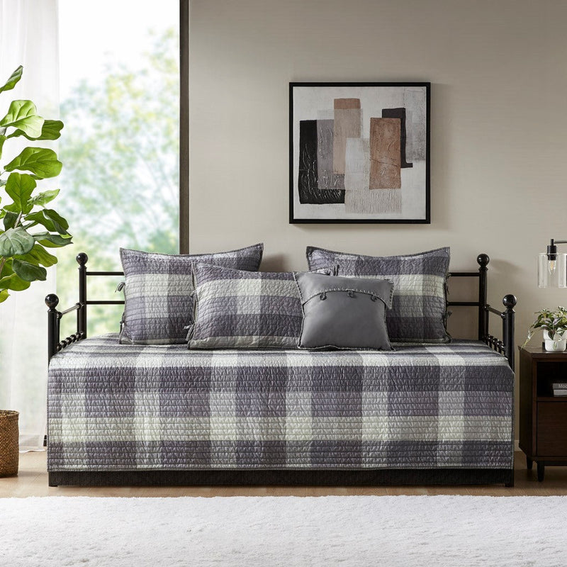 6 Piece Reversible Plaid Daybed Cover Set Grey Daybed