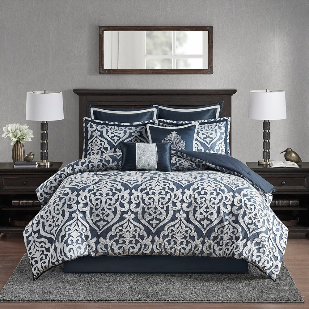 8 Piece Jacquard Comforter Set Navy/Silver King Media 14