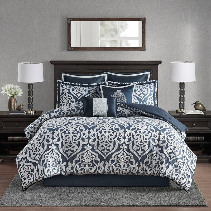 8 Piece Jacquard Comforter Set Navy/Silver King