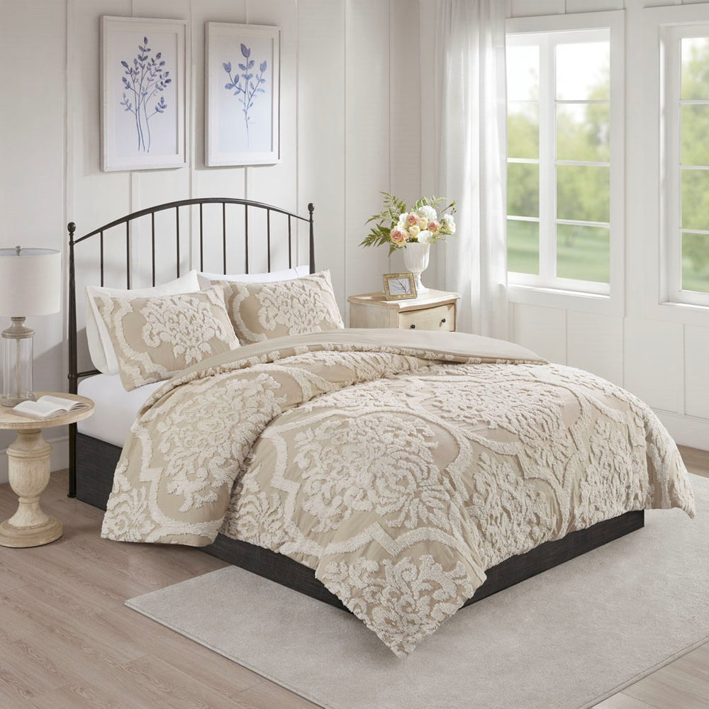 Full/Queen 3 piece Tufted Cotton Chenille Damask Duvet Cover Set Media 1